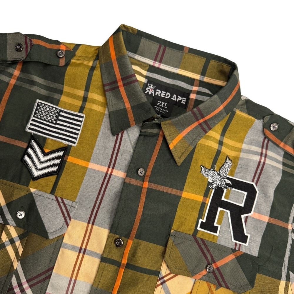 Red Ape‎ Y2K Yellow Plaid Short Sleeve Button Up Shirt Military Patches Size 2XL
